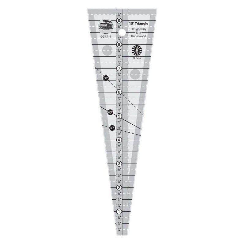 Creative Grids 15 Degree Triangle Ruler â€“ CGRT15 â€“ Made in USA, 3in x 9-1/2in, Non-Slip Grip Acrylic Quilting, Sewing, Crafting, Patchwork Ruler & Template - Image 1